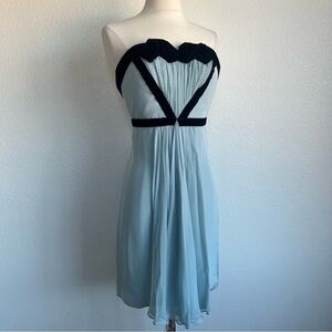 💓Marchesa Notte Sky Blue Strapless 100% Silk Mini Dress Velvet Trim - Size 0